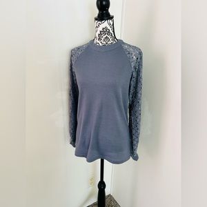 MIHOLL Women’s Blue Waffle Knit Crochet Lace Balloon Long Sleeve Top S